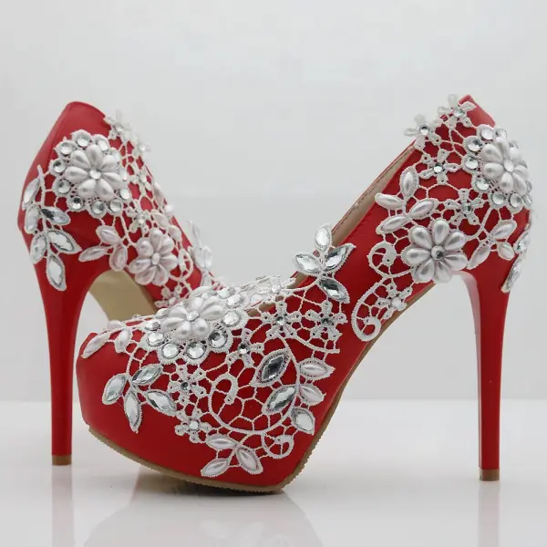 Chic / Beautiful Red Wedding Shoes 2018 Appliques Lace Pearl Rhinestone 14 cm Stiletto Heels Round Toe Wedding Pumps