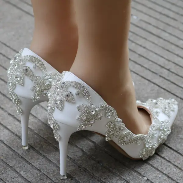 Scintillantes Ivoire Chaussure De Mariée 2018 Faux Diamant 8 cm Talons Aiguilles À Bout Pointu Mariage Escarpins