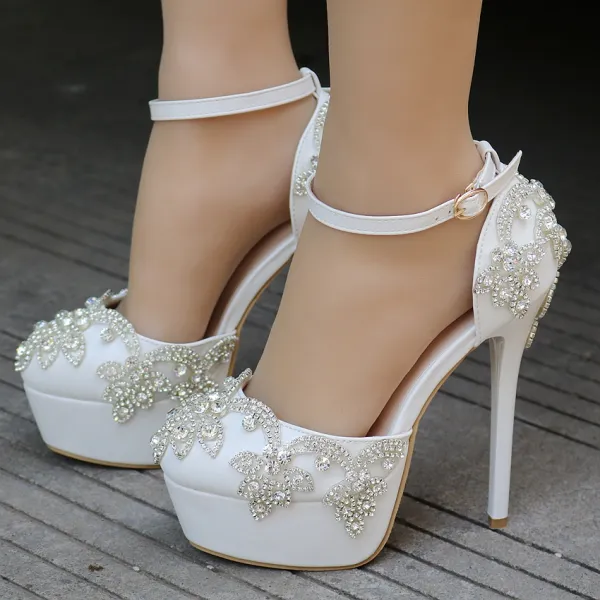 Moda Marfil Zapatos de novia 2018 Rhinestone Correa Del Tobillo 14 cm Stilettos Tacones De Aguja Punta Redonda Boda High Heels
