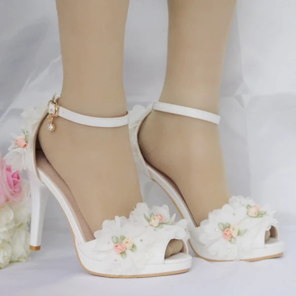 Modern / Fashion White Wedding Shoes 2018 Appliques Rhinestone Ankle Strap 8 cm Stiletto Heels Open / Peep Toe Wedding High Heels