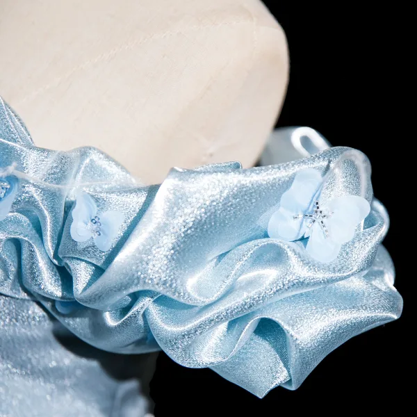 Elegant Sky Blue Appliques Prom Dresses 2025 Ball Gown Off-The-Shoulder Short Sleeve Backless Floor-Length / Long Prom Formal Dresses
