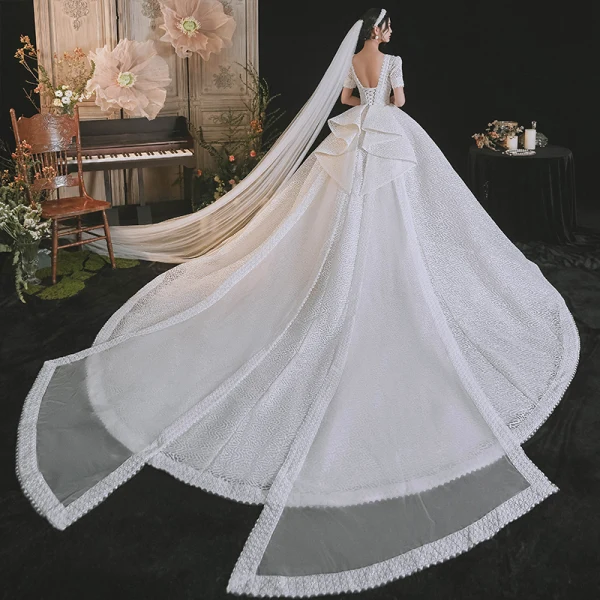 Luxury / Gorgeous White Wedding Dresses 2021 Ball Gown Scoop Neck Beading Pearl Rhinestone Bow Short Sleeve Backless Royal Train Wedding