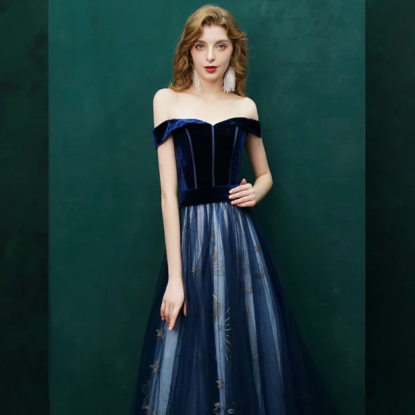 Sexy Bleu Marine Robe De Soirée 2019 Princesse Daim Étoile De l'épaule Dos Nu Manches Courtes Train De Balayage Robe De Ceremonie