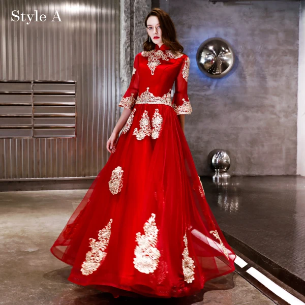 Moderne / Mode Rouge Robe De Soirée 2018 Princesse Appliques En Dentelle De l'épaule 1/2 Manches Dos Nu Longue Robe De Ceremonie