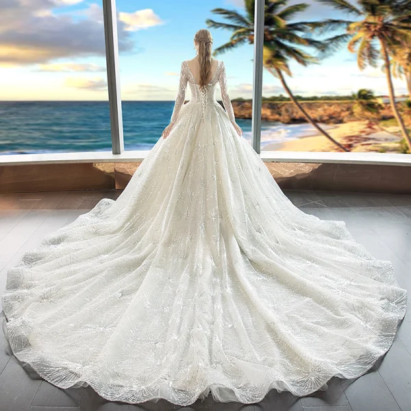Luxury / Gorgeous Champagne Wedding Dresses 2018 Ball Gown Beading Sequins Square Neckline Long Sleeve Backless Royal Train