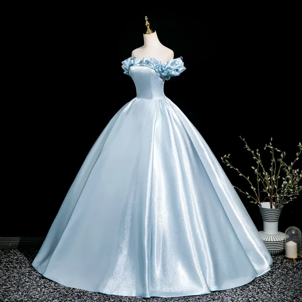 Elegant Sky Blue Appliques Prom Dresses 2025 Ball Gown Off-The-Shoulder Short Sleeve Backless Floor-Length / Long Prom Formal Dresses