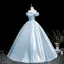 Elegant Sky Blue Appliques Prom Dresses 2025 Ball Gown Off-The-Shoulder Short Sleeve Backless Floor-Length / Long Prom Formal Dresses