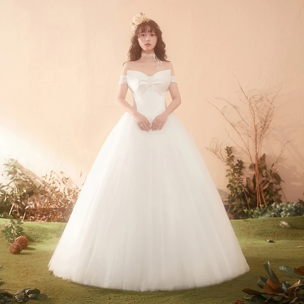Elegant Ivory Wedding Dresses 2018 Ball Gown Bow Off-The-Shoulder Backless Sleeveless Floor-Length / Long Wedding