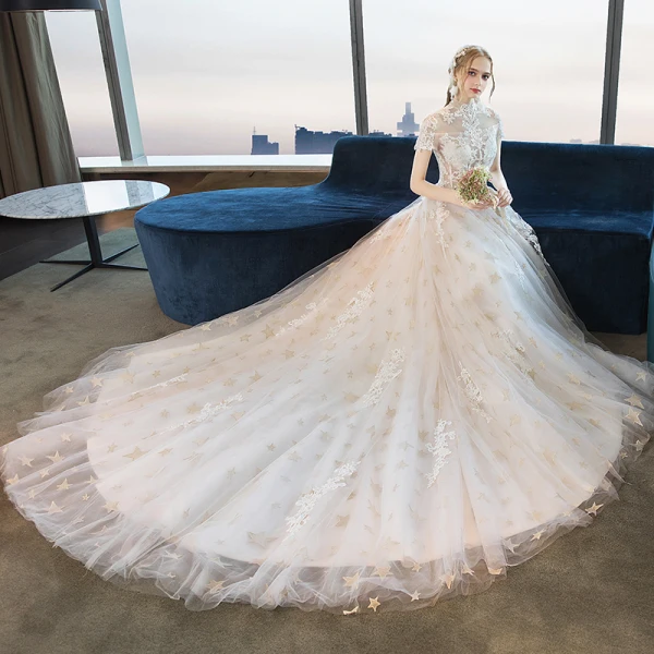 Modern / Fashion Ivory Corset Wedding Dresses 2018 A-Line / Princess Appliques Lace Star High Neck Short Sleeve Cathedral Train