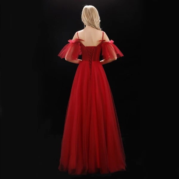 Chic / Beautiful Burgundy Evening Dresses 2019 A-Line / Princess Beading Crystal Spaghetti Straps Backless Short Sleeve Floor-Length / Long Formal Dresses