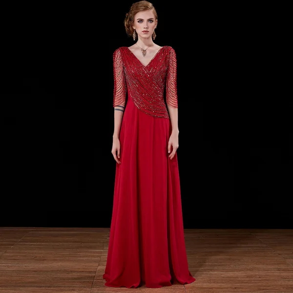 Luxury / Gorgeous Burgundy Handmade Beading Evening Dresses 2019 A-Line / Princess Sequins V-Neck Backless 3/4 Sleeve Floor-Length / Long Formal Dresses