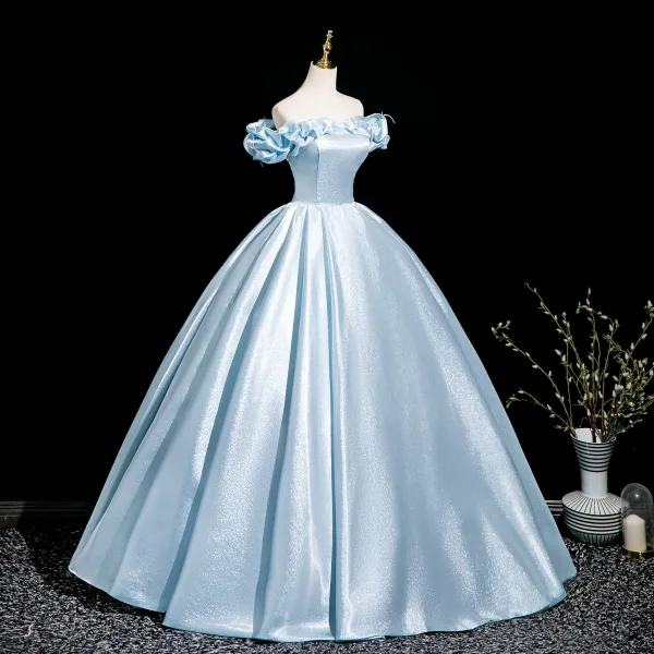 Elegant Sky Blue Appliques Prom Dresses 2025 Ball Gown Off-The-Shoulder Short Sleeve Backless Floor-Length / Long Prom Formal Dresses