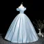 Elegant Sky Blue Appliques Prom Dresses 2025 Ball Gown Off-The-Shoulder Short Sleeve Backless Floor-Length / Long Prom Formal Dresses