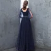 Chic / Beautiful Navy Blue Evening Dresses  2018 A-Line / Princess Lace Sequins V-Neck Backless 1/2 Sleeves Floor-Length / Long Formal Dresses