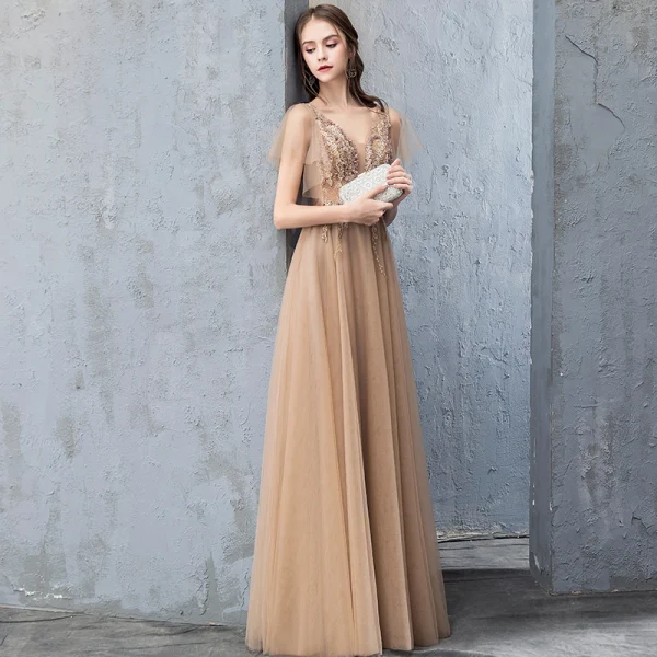 Elegant Champagne Evening Dresses  2019 A-Line / Princess Lace Flower Appliques Rhinestone Sequins V-Neck Short Sleeve Backless Floor-Length / Long Formal Dresses