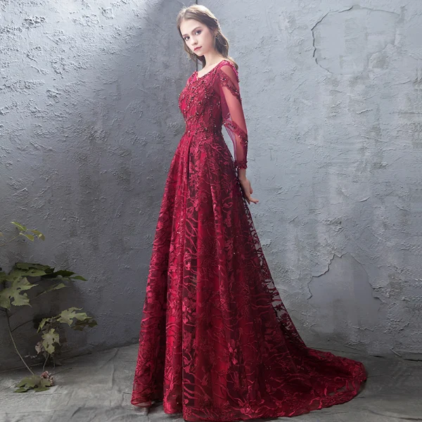 Luxury / Gorgeous Burgundy Evening Dresses  2019 A-Line / Princess Lace Beading Crystal Sequins Scoop Neck Backless 3/4 Sleeve Court Train Formal Dresses