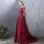 Luxury / Gorgeous Burgundy Evening Dresses  2019 A-Line / Princess Lace Beading Crystal Sequins Scoop Neck Backless 3/4 Sleeve Court Train Formal Dresses