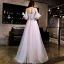 Élégant Rougissant Rose Robe De Soirée 2019 Princesse Appliques En Dentelle Perlage Faux Diamant Bretelles Spaghetti Dos Nu Manches Courtes Longue Robe De Ceremonie