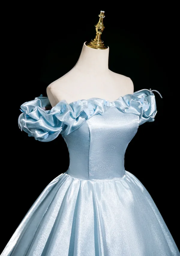 Elegant Sky Blue Appliques Prom Dresses 2025 Ball Gown Off-The-Shoulder Short Sleeve Backless Floor-Length / Long Prom Formal Dresses