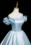 Elegant Sky Blue Appliques Prom Dresses 2025 Ball Gown Off-The-Shoulder Short Sleeve Backless Floor-Length / Long Prom Formal Dresses