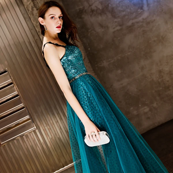 Charmant Bleu D'encre Robe De Soirée 2019 Princesse Tachetée Métal Ceinture Paillettes En Dentelle Bretelles Spaghetti Sans Manches Dos Nu Longue Robe De Ceremonie
