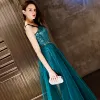 Charming Ink Blue Evening Dresses  2019 A-Line / Princess Spotted Metal Sash Sequins Lace Spaghetti Straps Sleeveless Backless Floor-Length / Long Formal Dresses