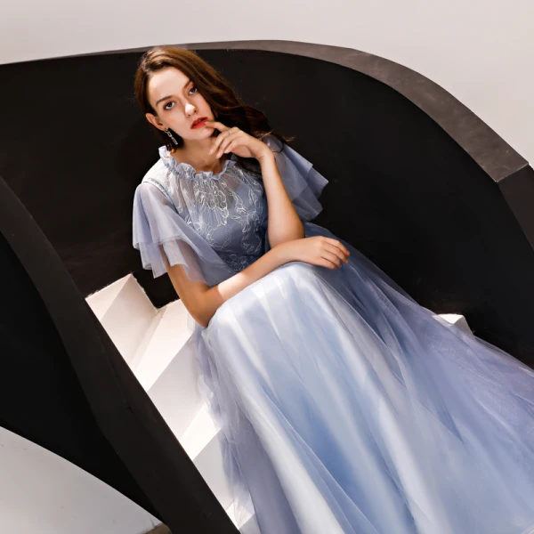 Vintage / Retro Sky Blue Prom Dresses 2019 A-Line / Princess Lace Scoop Neck Backless Short Sleeve Floor-Length / Long Formal Dresses