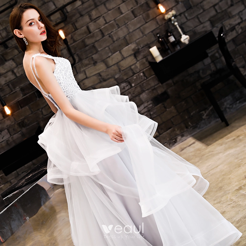 Veaul Chic Beautiful White Prom Dresses 2019 A Line Princess Lace Cascading Ruffles Scoop Neck