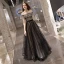 Elegant Black Spotted Prom Dresses 2019 A-Line / Princess Off-The-Shoulder Short Sleeve Backless Floor-Length / Long Formal Dresses