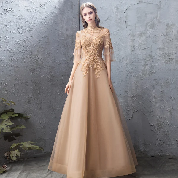 Elegant Gold Evening Dresses 2019 A-Line / Princess Lace Beading Crystal High Neck Backless 1/2 Sleeves Floor-Length / Long Formal Dresses
