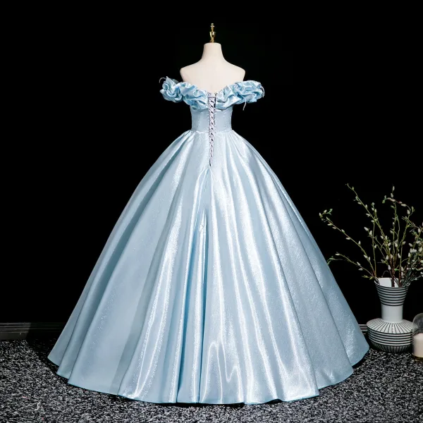 Elegant Sky Blue Appliques Prom Dresses 2025 Ball Gown Off-The-Shoulder Short Sleeve Backless Floor-Length / Long Prom Formal Dresses