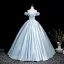 Elegant Sky Blue Appliques Prom Dresses 2025 Ball Gown Off-The-Shoulder Short Sleeve Backless Floor-Length / Long Prom Formal Dresses