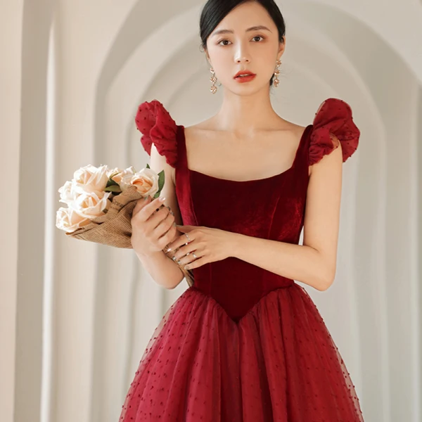 Chic / Beautiful Burgundy Suede Spotted Prom Dresses 2021 A-Line / Princess Square Neckline Sleeveless Backless Floor-Length / Long Prom Formal Dresses