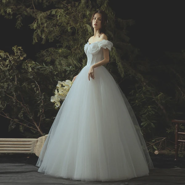 Elegant Ivory Corset Wedding Dresses 2019 A-Line / Princess Off-The-Shoulder Short Sleeve Backless Floor-Length / Long