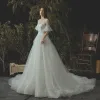 Elegant Ivory Wedding Dresses 2019 A-Line / Princess Lace Pearl Scoop Neck 1/2 Sleeves Cathedral Train