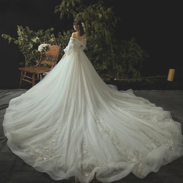 Luxury / Gorgeous Ivory Wedding Dresses 2019 Ball Gown Lace Flower Beading Crystal Sequins Strapless Long Sleeve Backless Royal Train