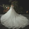 Luxury / Gorgeous Ivory Wedding Dresses 2019 Ball Gown Lace Flower Beading Crystal Sequins Strapless Long Sleeve Backless Royal Train