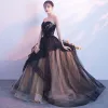 Elegant Black Evening Dresses  2019 A-Line / Princess Lace Beading Crystal Sequins Strapless Sleeveless Backless Court Train Formal Dresses