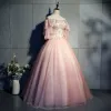 Chic / Beautiful Pearl Pink Prom Dresses 2019 Ball Gown Appliques Lace Off-The-Shoulder 1/2 Sleeves Backless Floor-Length / Long Formal Dresses