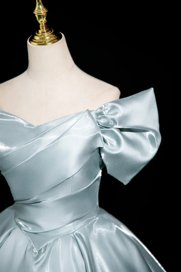 Chic / Beautiful Sky Blue Prom Dresses 2025 Ball Gown Off-The-Shoulder Short Sleeve Backless Floor-Length / Long Prom Formal Dresses