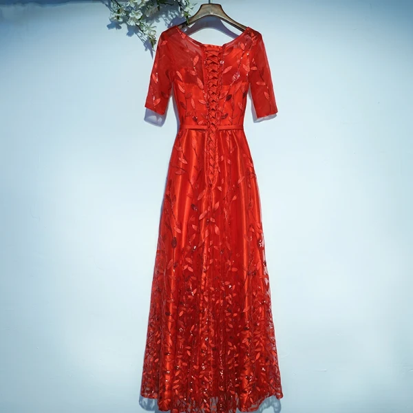 Chic / Beautiful Red Formal Dresses Evening Dresses 2017 Lace Flower Sequins Scoop Neck 1/2 Sleeves Ankle Length A-Line / Princess