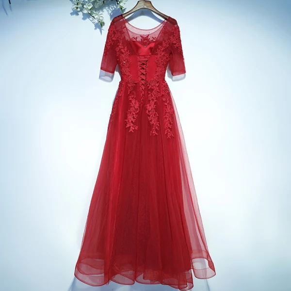Chic / Beautiful Red Evening Dresses Formal Dresses 2017 Lace Flower Backless 1/2 Sleeves Scoop Neck Floor-Length / Long A-Line / Princess