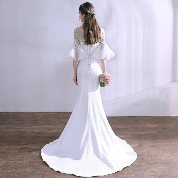 knee length dresses for ladies Off Shoulder 3/4 Sleeves Lace Up Mermaid Wedding Dress WD089 Custom Size / Ivory main image 0