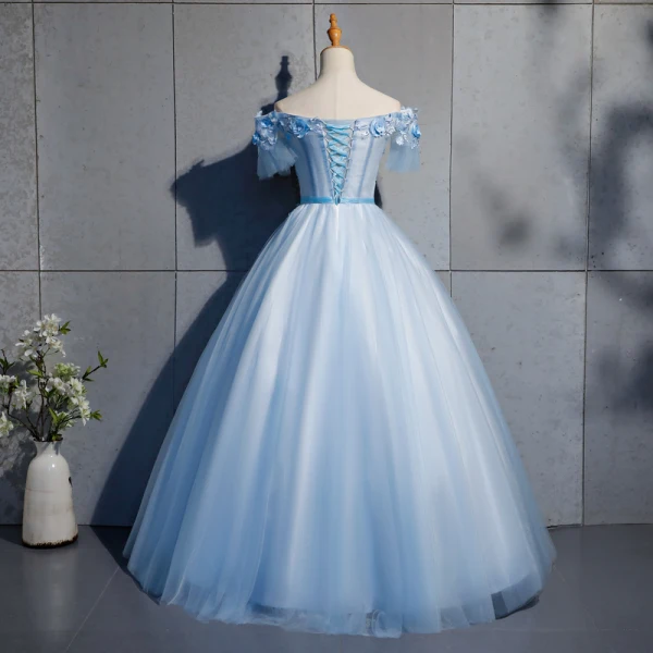 Elegant Sky Blue Prom Dresses 2019 Ball Gown Lace Appliques Bow Off-The-Shoulder Backless Short Sleeve Floor-Length / Long Formal Dresses