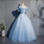 Elegant Sky Blue Prom Dresses 2019 Ball Gown Lace Appliques Bow Off-The-Shoulder Backless Short Sleeve Floor-Length / Long Formal Dresses