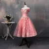 Piękne Arbuz Sukienki Na Bal 2019 Princessa Aplikacje Z Koronki Perła Przy Ramieniu Bez Pleców Kótkie Rękawy Krótkie Sukienki Wizytowe