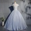 Elegant Silver Prom Dresses 2019 Ball Gown Lace Beading Pearl Sequins V-Neck Backless Short Sleeve Floor-Length / Long Formal Dresses