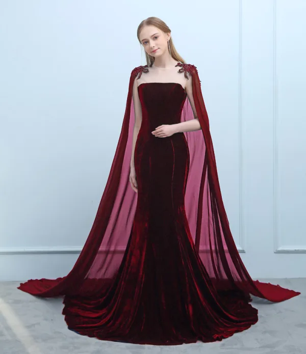 Modern / Fashion Navy Blue Evening Dresses  2019 Trumpet / Mermaid Suede Beading Sequins Scoop Neck Sleeveless Watteau Train Formal Dresses