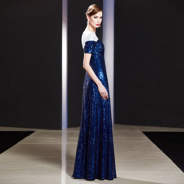 Sparkly Royal Blue Evening Dresses 2019 A-Line / Princess Sequins Scoop Neck Short Sleeve Floor-Length / Long Formal Dresses