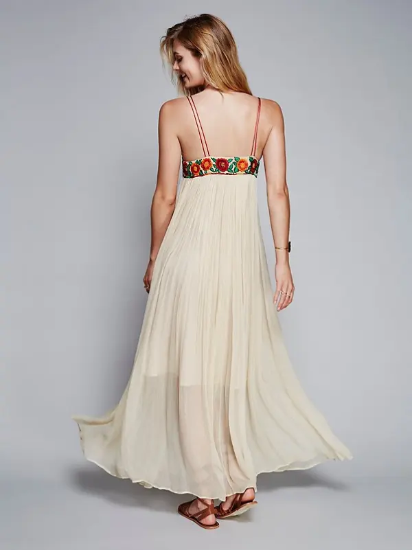 Chic / Belle Beige Été Plage Robes longues 2018 Brodé Bretelles Spaghetti Dos Nu Sans Manches Longueur Cheville